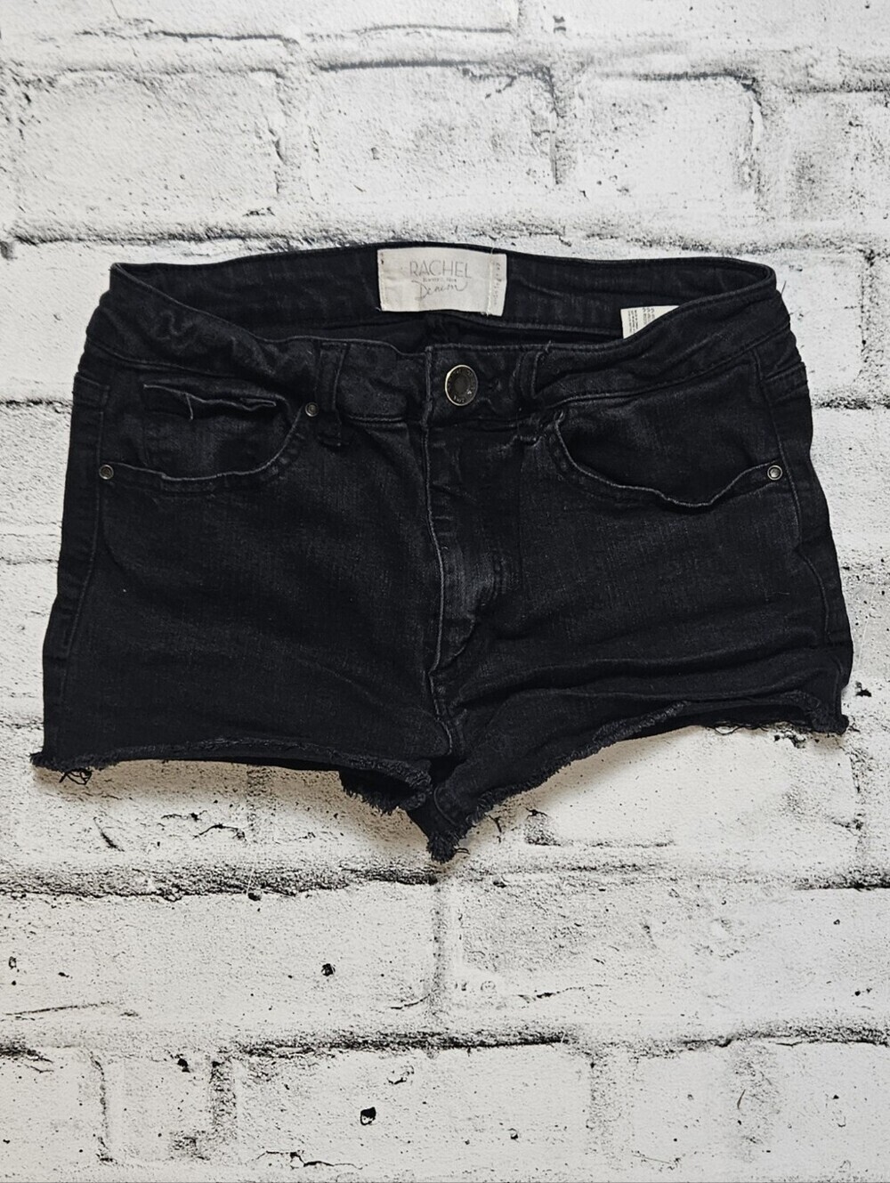 Rachel Denim Black Distressed Denim Shorts Raw Hem Stretch Size 27